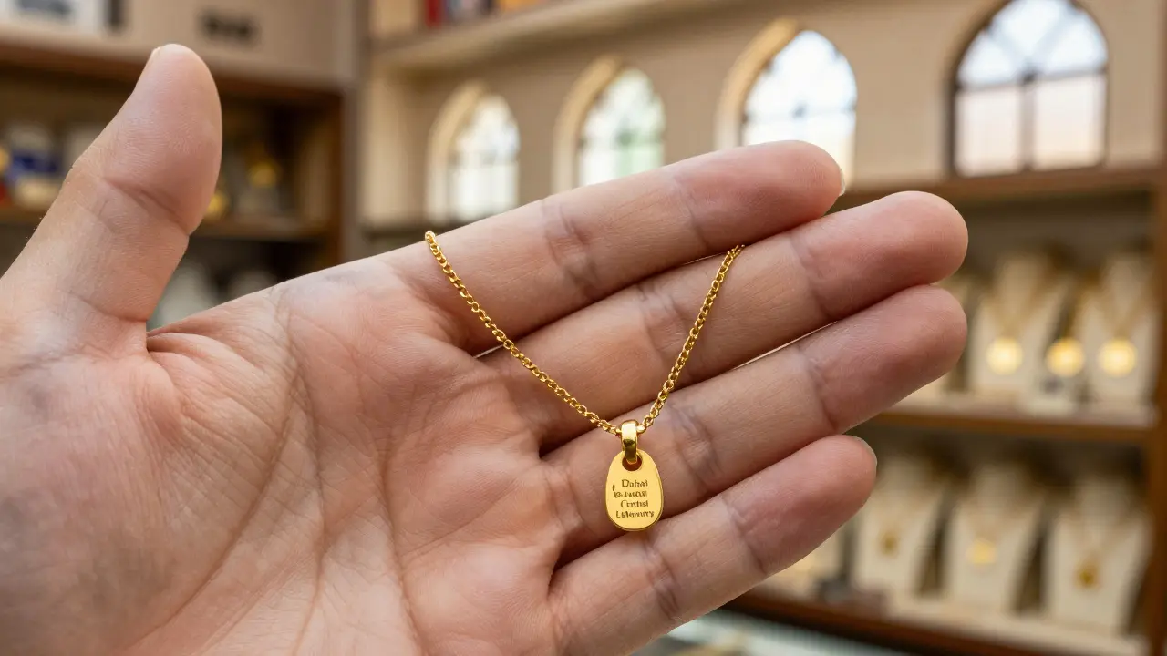 Close-up of a 24-karat gold necklace with a government hallmark, displayed against a backdrop of golden jewelry shelves.