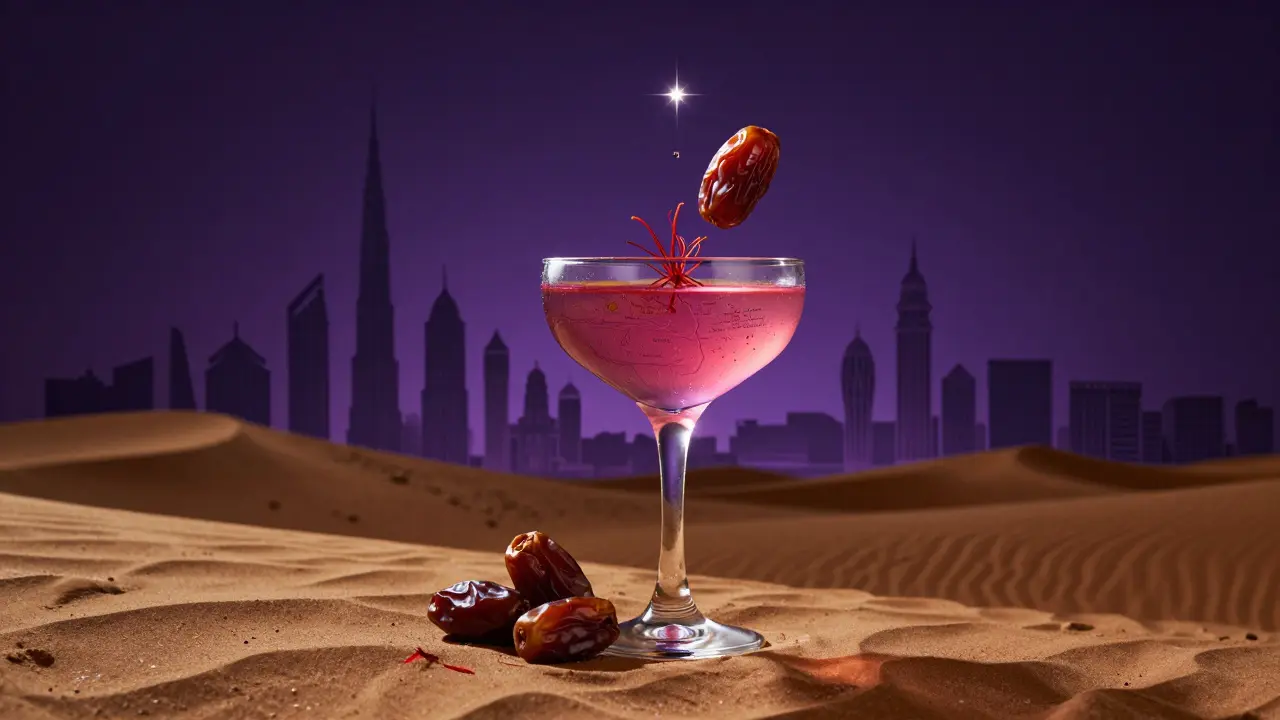 Cocktail ingredients floating around a mixing glass, symbolizing Dubai's fusion of desert heritage and modern mixology.