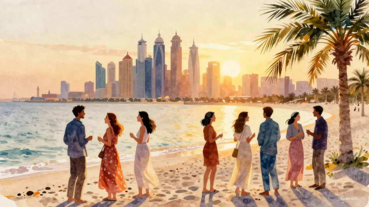 Diverse group socializing at JBR Beach during sunset.