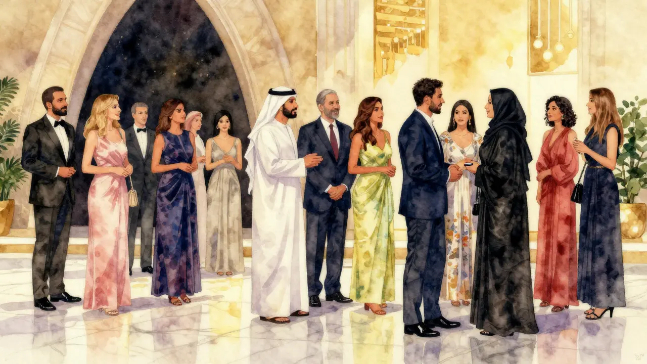 Group at Dubai Opera event in formal attire, golden lighting