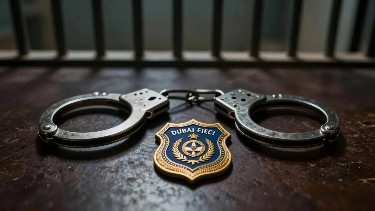 Handcuffs on desk with police emblem and jail cell background