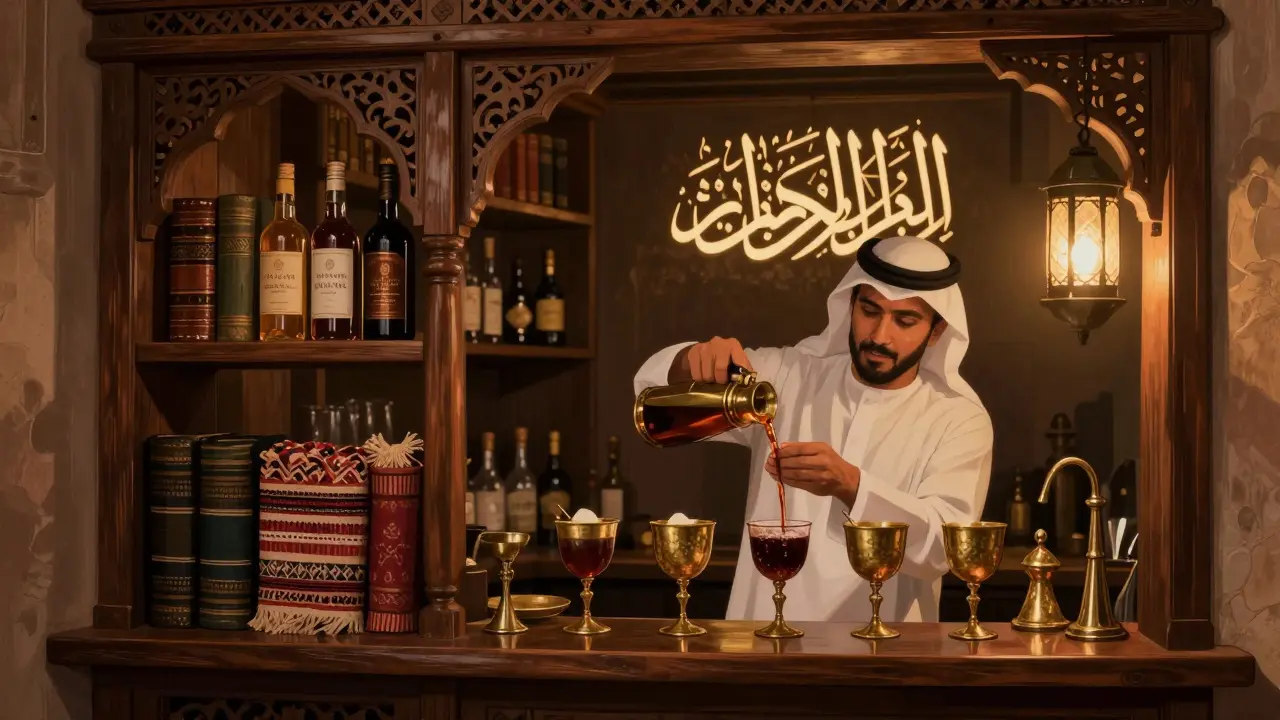 Hidden speakeasy with brass goblets and Arabic calligraphy, lit by warm lantern light in Al Fahidi.