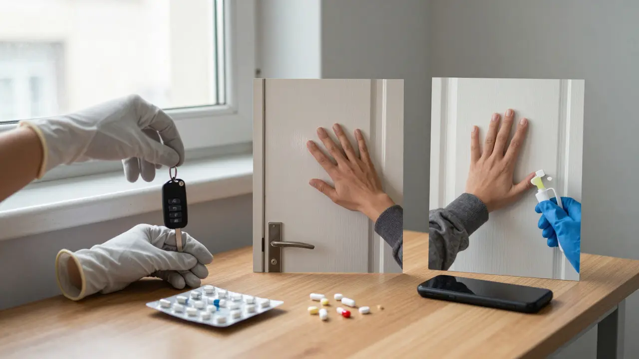 Hidden symbols of survival: a key, a knocked door, medicine, and a burner phone on a quiet table.
