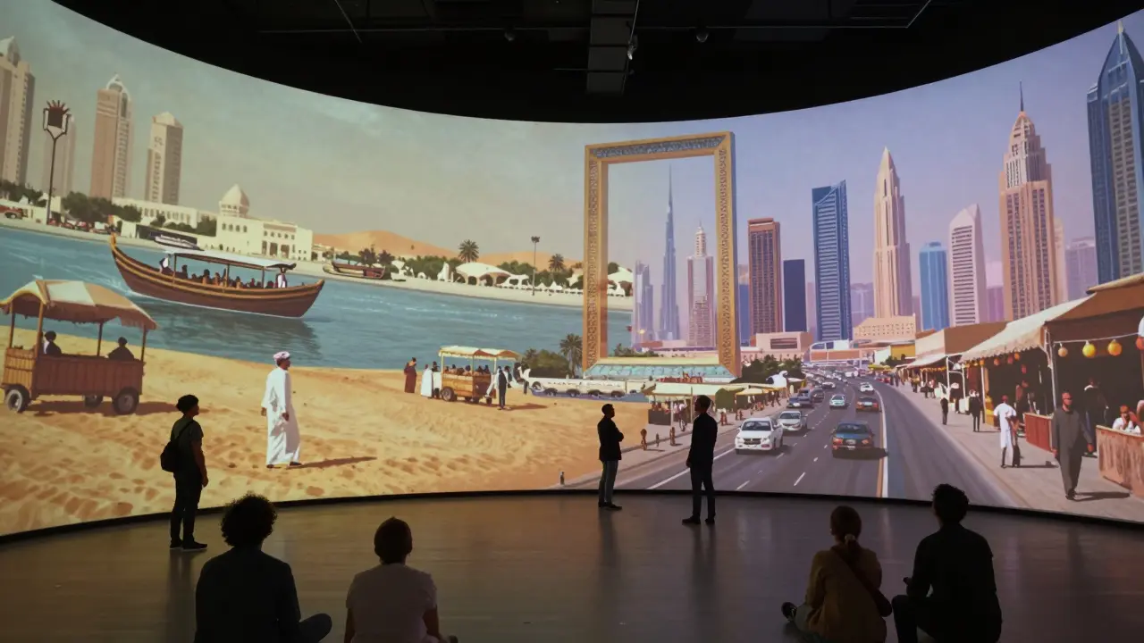 Inside the Dubai Frame, immersive projections show Dubai’s transformation from a fishing village to a modern metropolis, surrounding visitors in a 360-degree visual journey.
