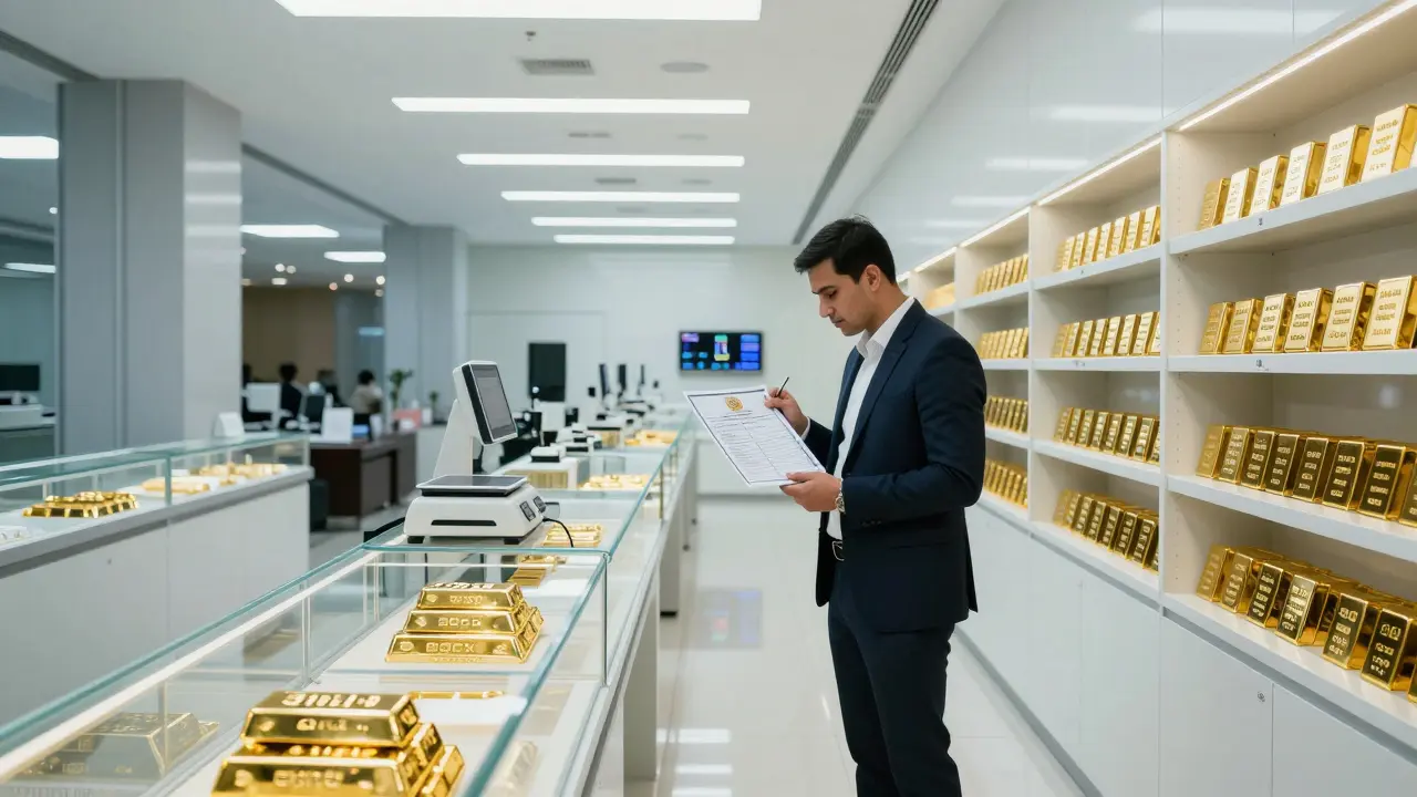 Interior of the Dubai Gold &amp; Commodities Exchange with certified gold bars in cases and a man examining a certificate.