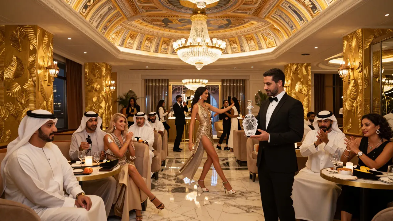 Luxurious Cavalli Club interior with gold leaf ceilings, VIP butlers, and high-end guests in designer attire.