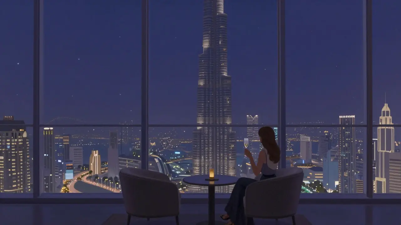 Nighttime scene from Burj Khalifa's 148th floor Sky Lounge with city lights glowing like stars below.