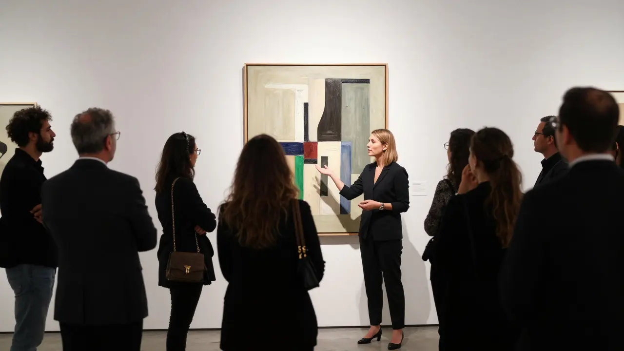 Professional companion guiding art collectors at Art Dubai gallery opening, soft lighting on contemporary artwork.