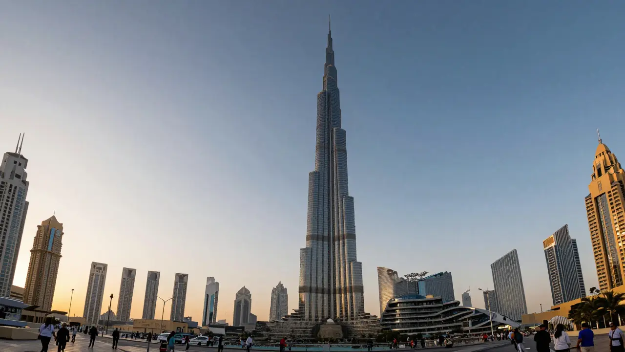Split view contrasting the Burj Khalifa as a tower from below and as a foundation from above.