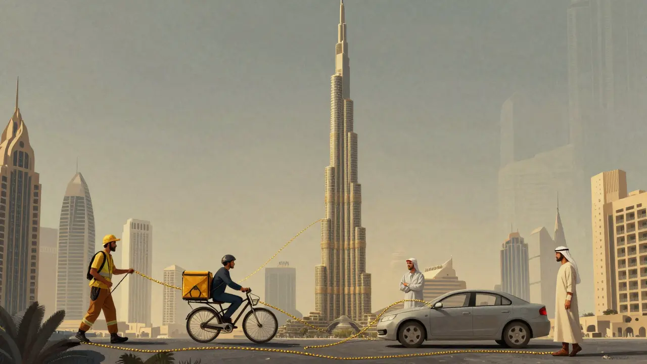 Symbolic illustration of hidden workers linked by golden threads to Dubai's skyscrapers.