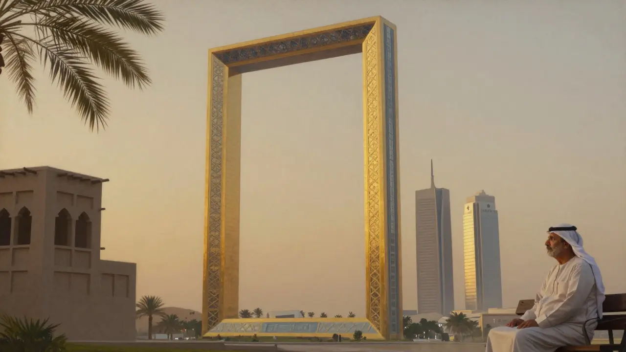 The Dubai Frame at sunset, framed between traditional Emirati architecture and futuristic towers, with a quiet figure sitting in contemplation below.