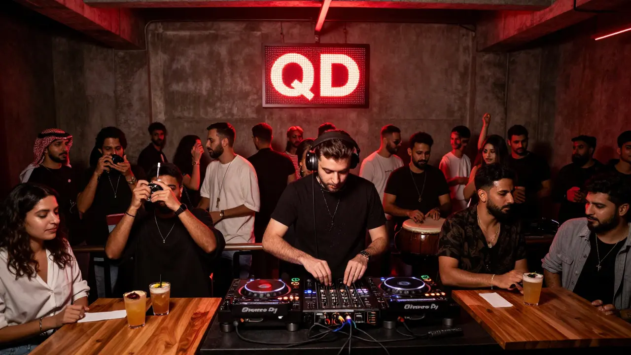 Underground QD club with dim lighting, diverse dancers, and a single LED sign flashing 'QD' above the crowd.