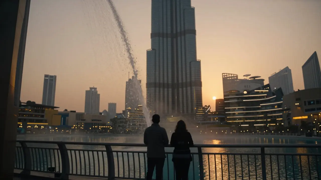 Water falls in slow motion after a fountain show, a couple watches in silence from Al Manara Bridge at twilight.