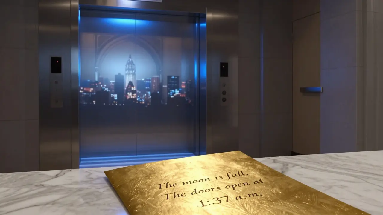 A biometric elevator opening to an exclusive club, with a gold-foiled invitation resting on marble.