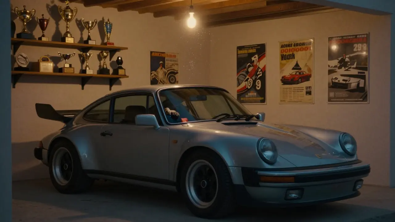 A classic 1980s Porsche 935 displayed in a private garage, bathed in golden dusk light, no people present.