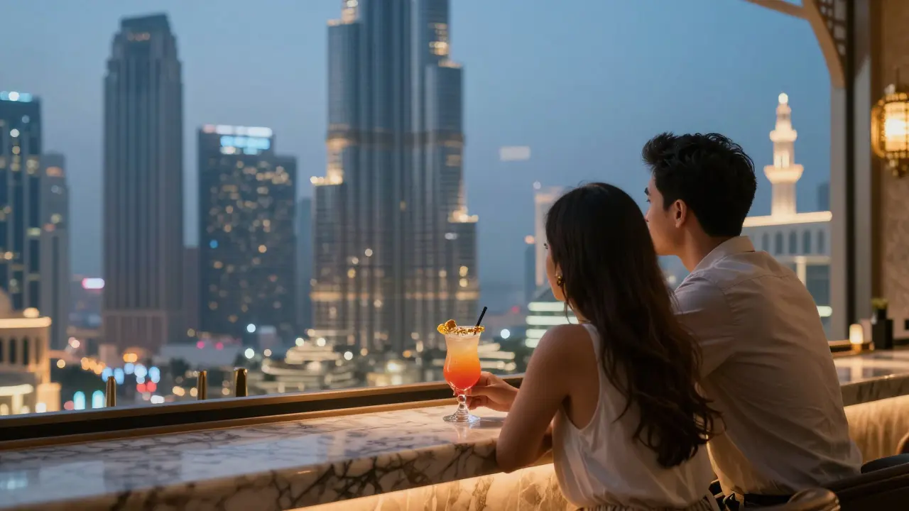 A couple at Skyview Bar sipping cocktails as the Burj Khalifa glows in the background, bathed in warm amber light.