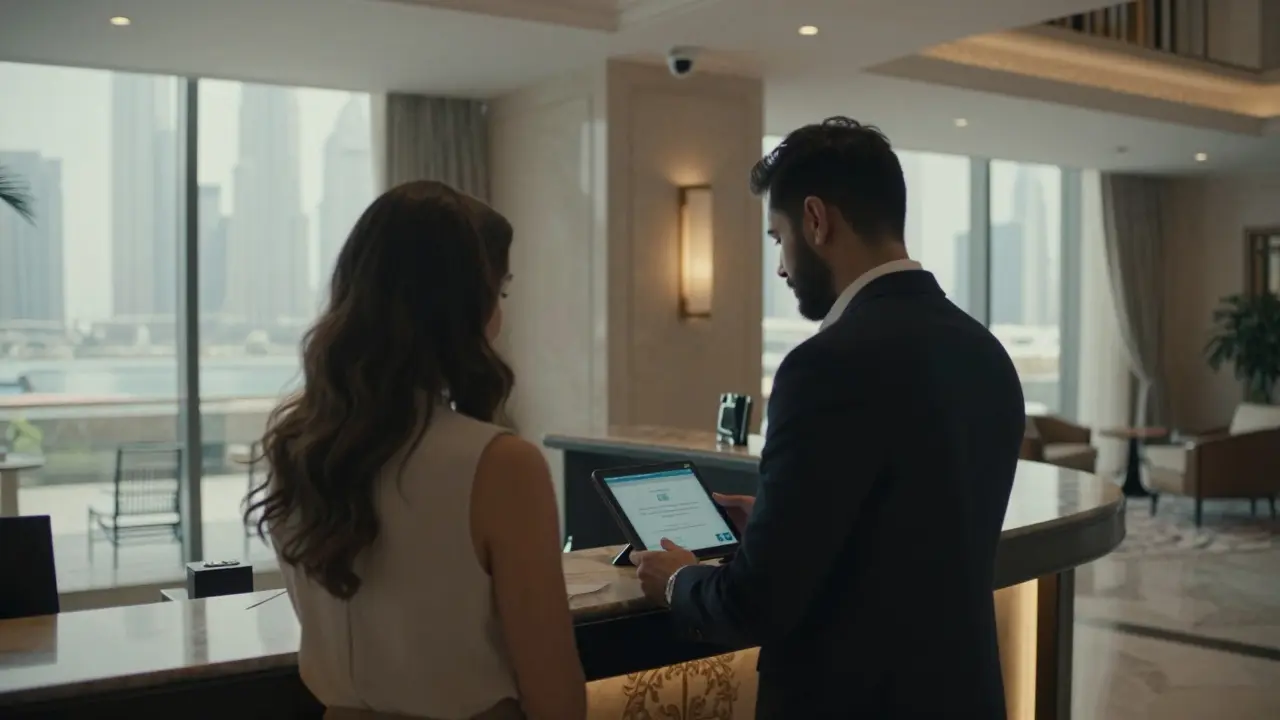 A couple checking into a luxury Dubai hotel, with staff using a tablet for identity verification under professional lighting.
