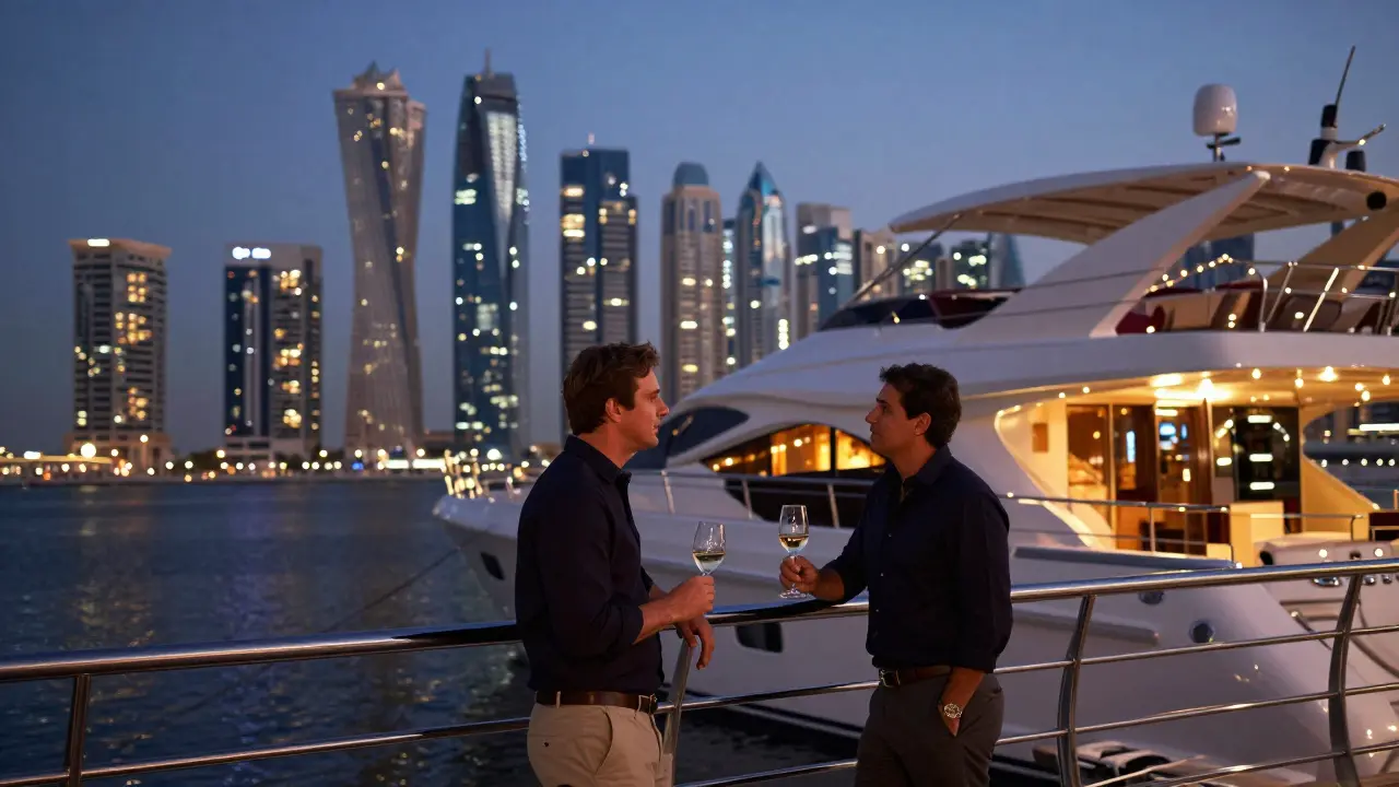 A couple on a luxury yacht at dusk in Dubai Marina, enjoying the skyline with quiet conversation.