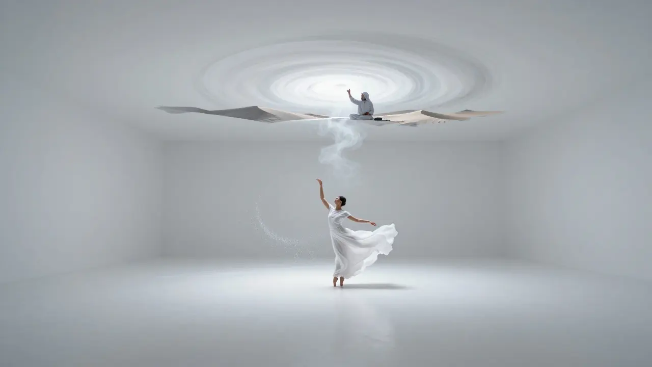 A dancer leaving glitter trails in a white nightclub as an artist paints a desert landscape with white ink.