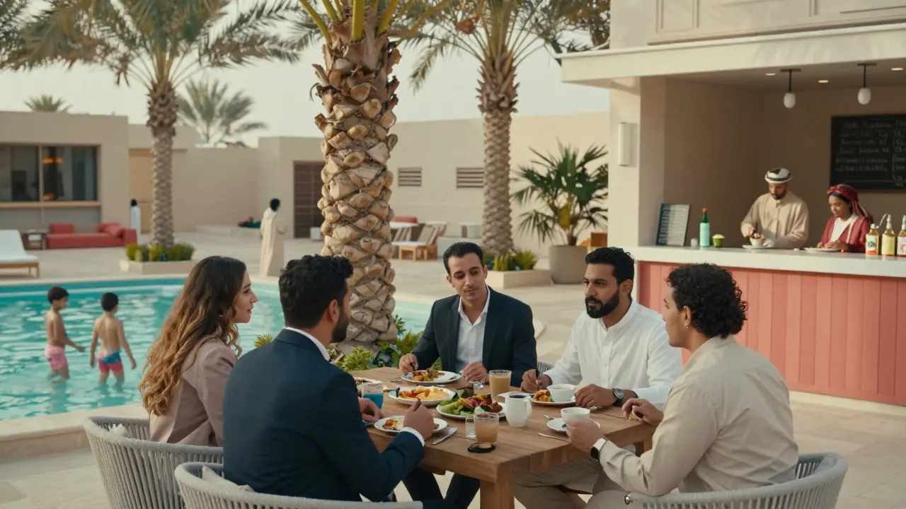 A diverse group at La Plage: business professionals, families, and coffee drinkers blending modern and Emirati culture under palm trees.