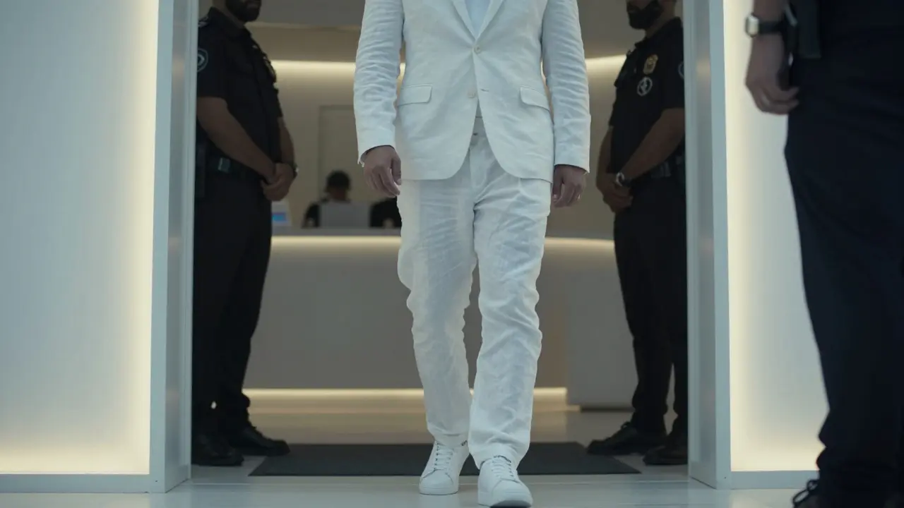 A guest in full white attire being checked by security at the entrance of a sleek, monochromatic nightclub.