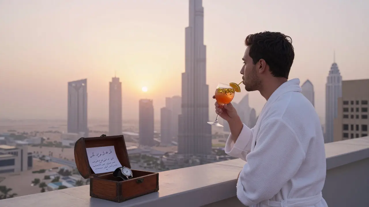 A guest on a rooftop terrace at dawn, sipping a golden cocktail as Dubai's skyline emerges in soft light.