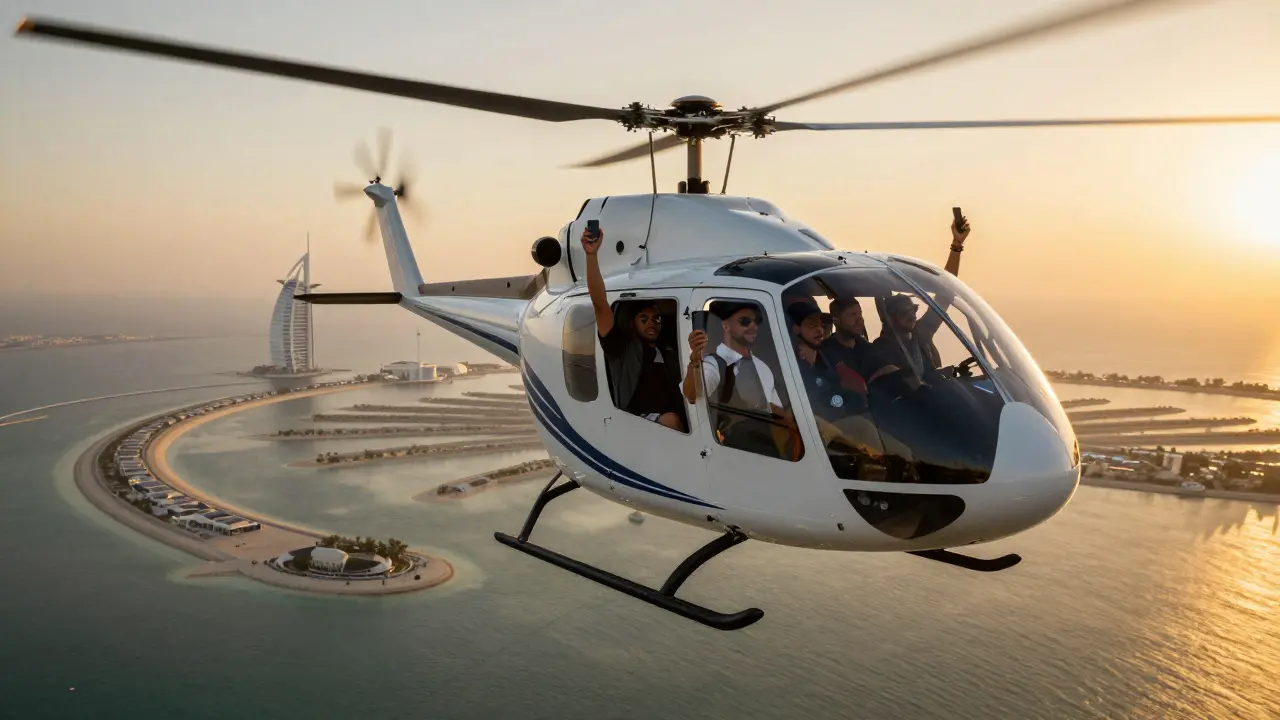 A helicopter flying over Palm Jumeirah with men cheering inside at sunset.