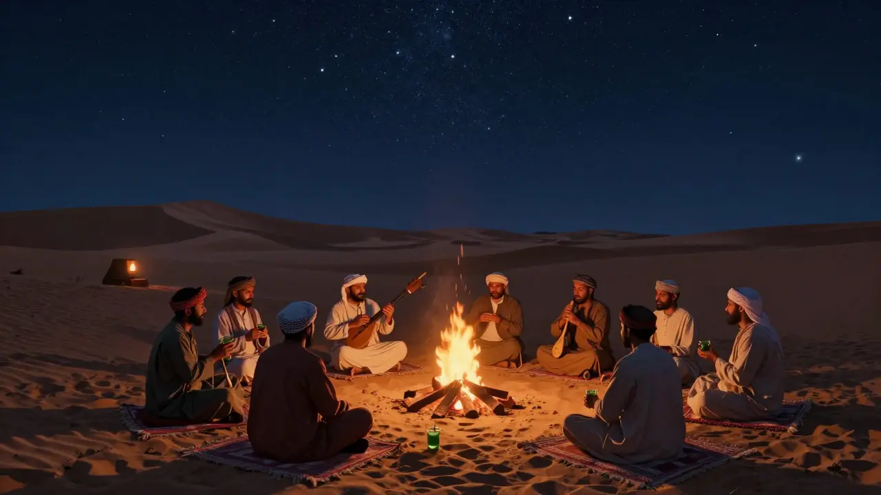 A hidden desert camp under a star-filled sky, Bedouin musicians playing softly by a fire as guests sip tea.