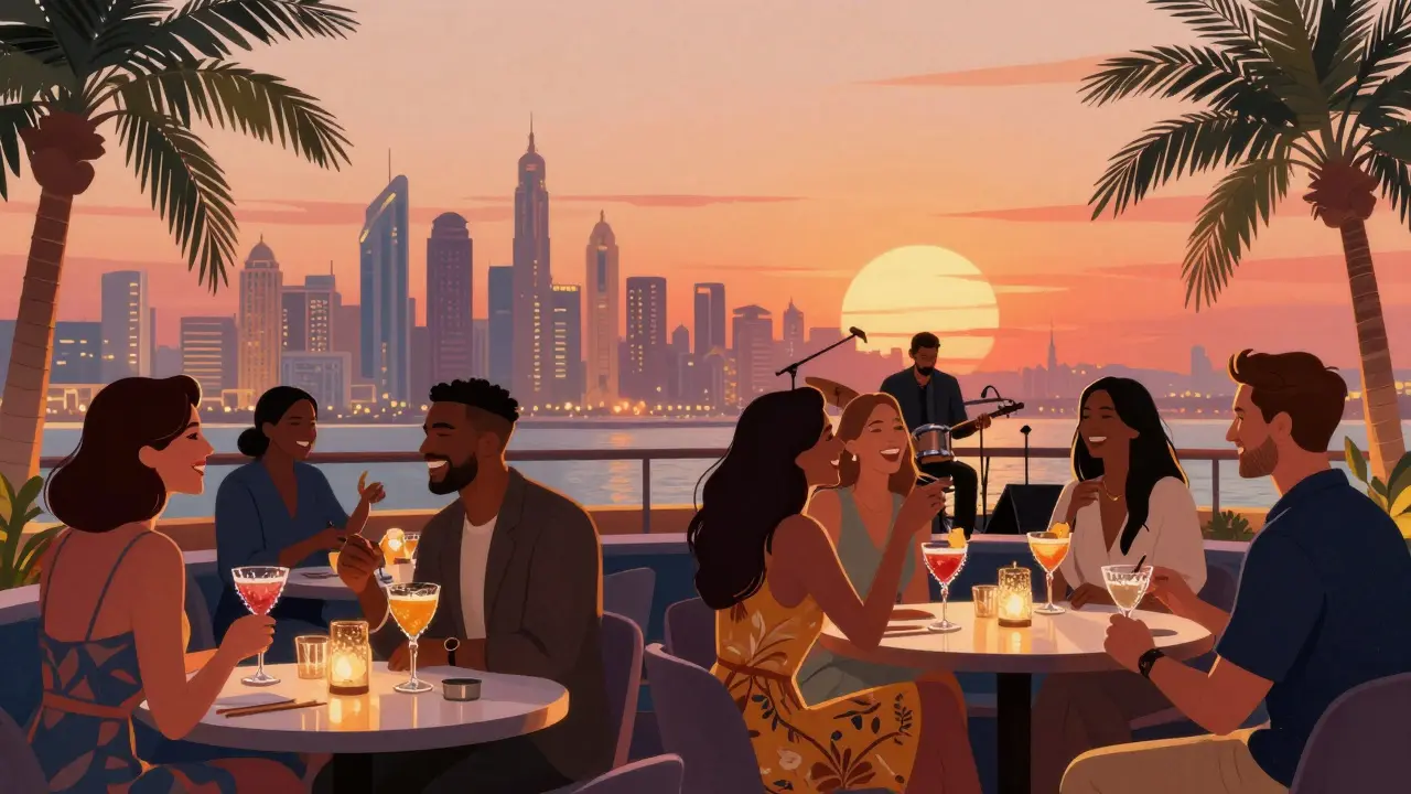 A lively rooftop bar in Dubai at sunset with guests enjoying cocktails and live jazz against a glowing city backdrop.