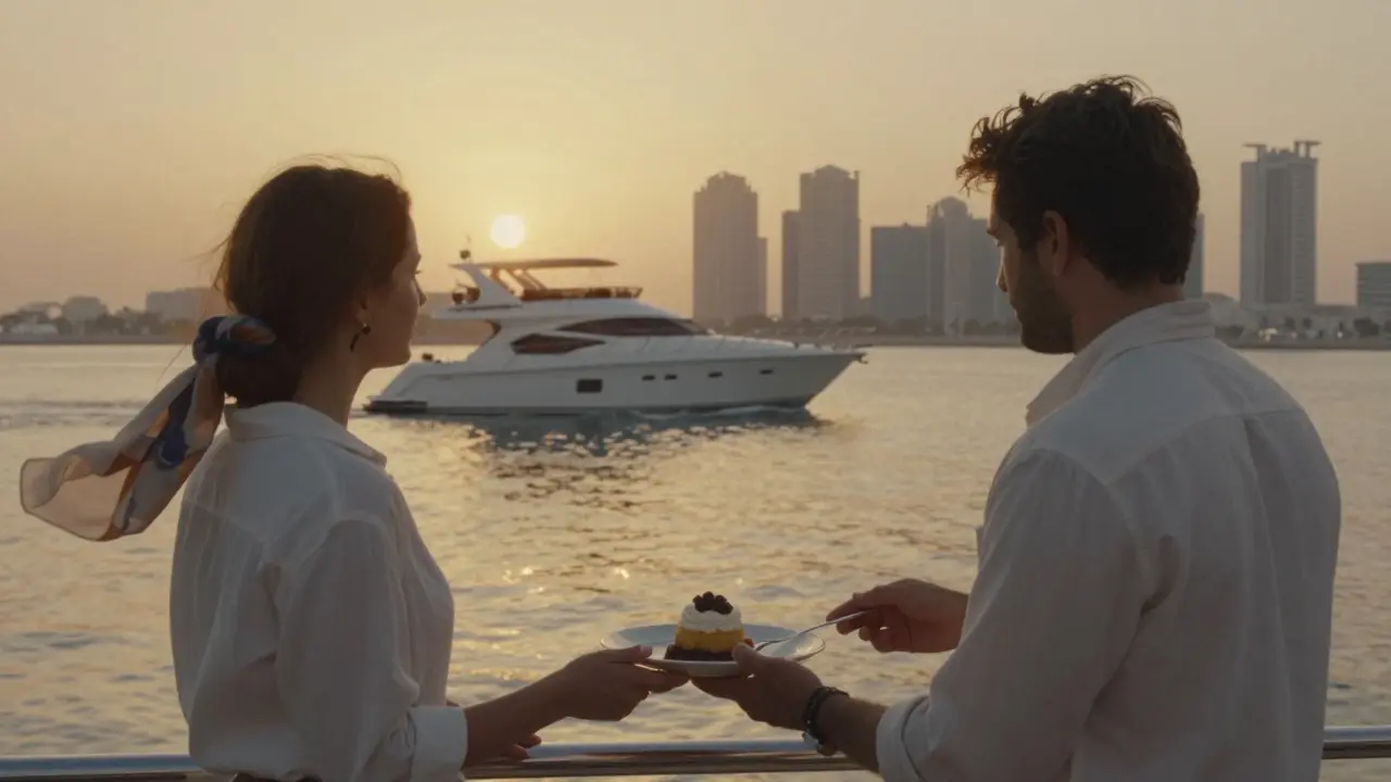 A private yacht at sunset with two figures sharing dessert on the deck.