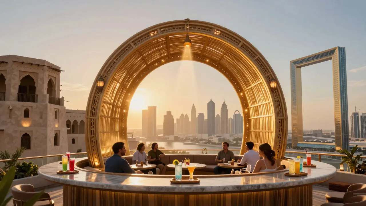 A rooftop bar atop the Dubai Frame offering views of old and new Dubai through its golden arch, guests seated in circular pods.