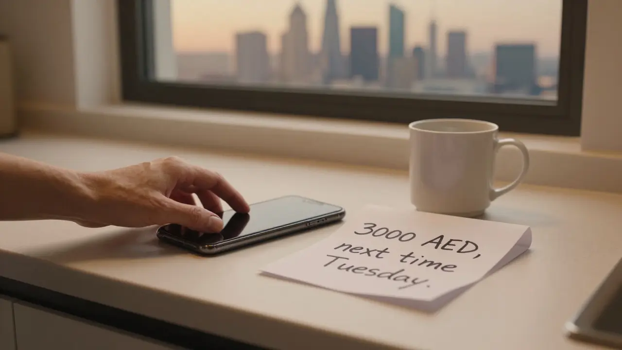 A smartphone and handwritten note on a kitchen counter, overlooking Dubai’s skyline at dusk, no faces shown.