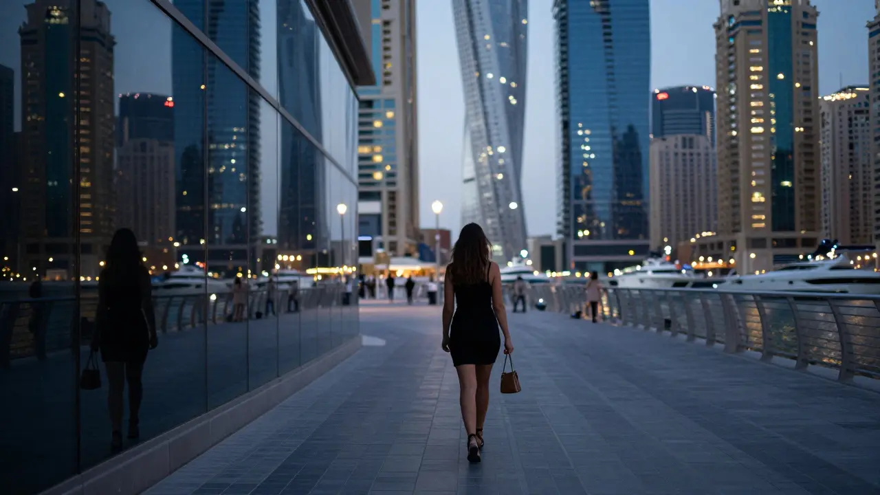 A solitary woman walking along Dubai Marina at dusk, reflections of skyscrapers in the glass surfaces.