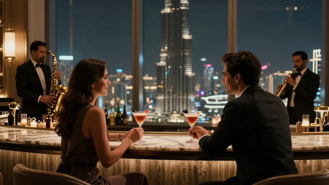 A sophisticated couple enjoying cocktails in a luxury lounge with a city skyline view.