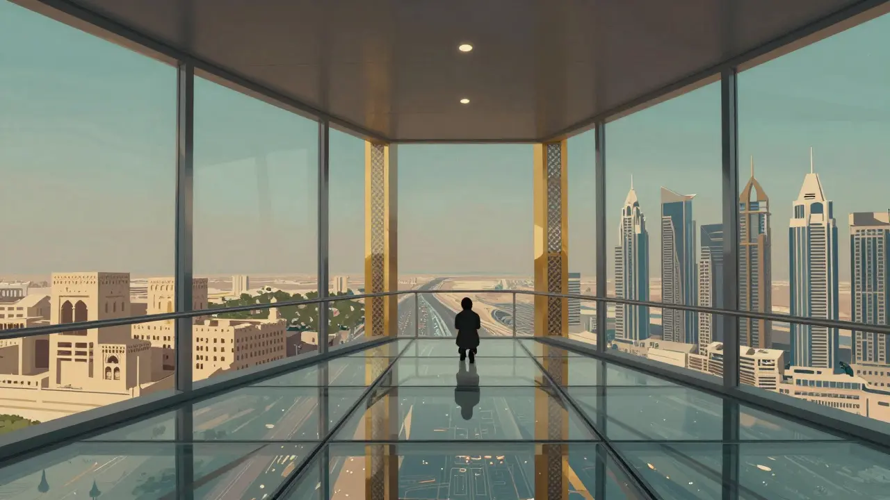 A visitor on the glass sky bridge of the Dubai Frame looking down at the city below with awe.