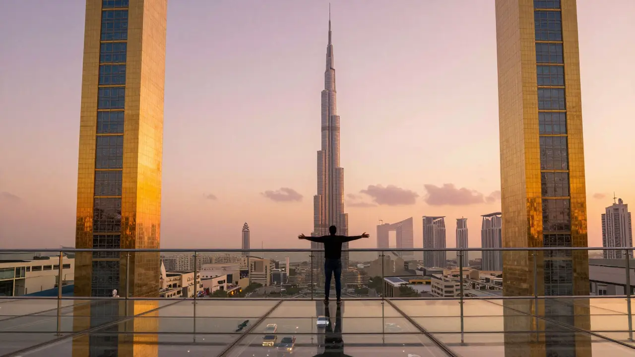 A visitor standing on the glass sky bridge of the Dubai Frame, looking down at the city below while the Burj Khalifa and historic district frame the horizon.