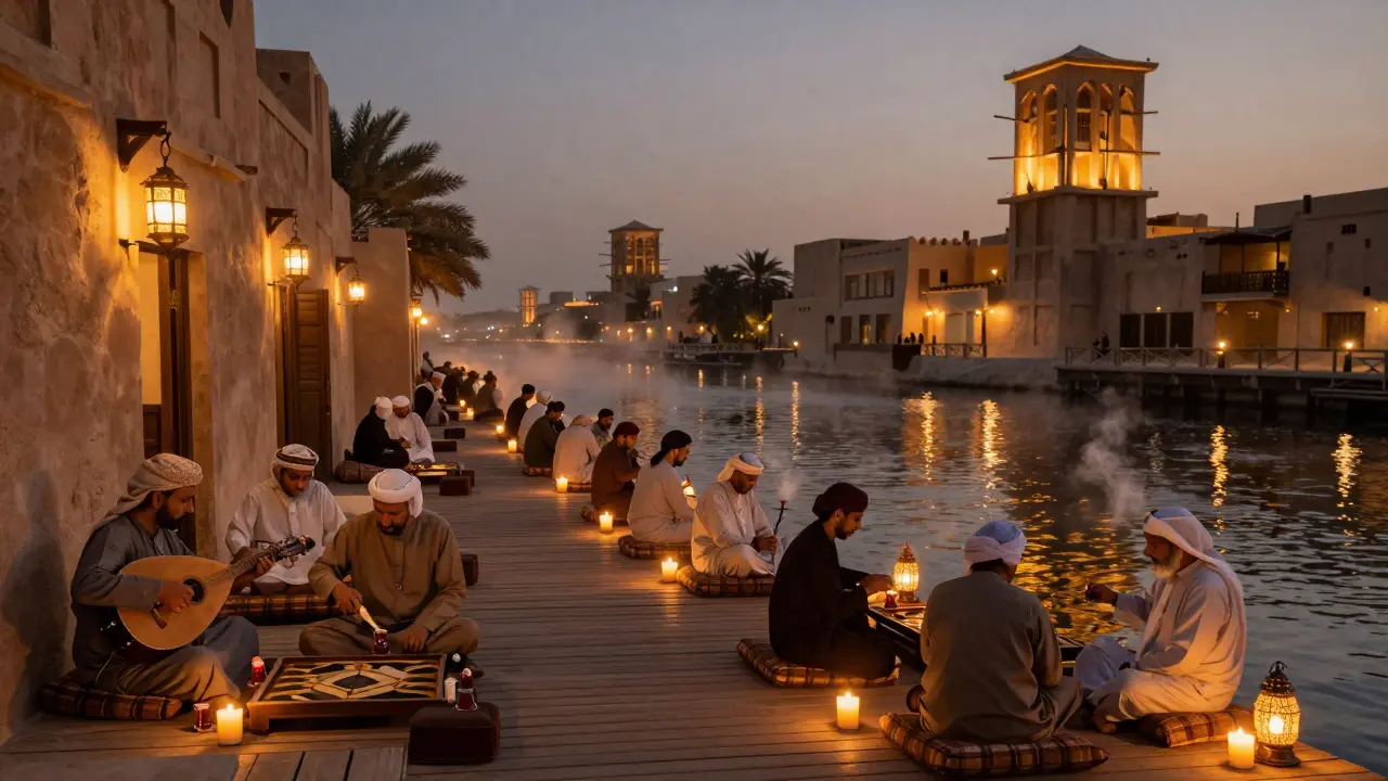 Al Seef district at dusk, lantern-lit walkways and traditional buildings with people relaxing under stars.