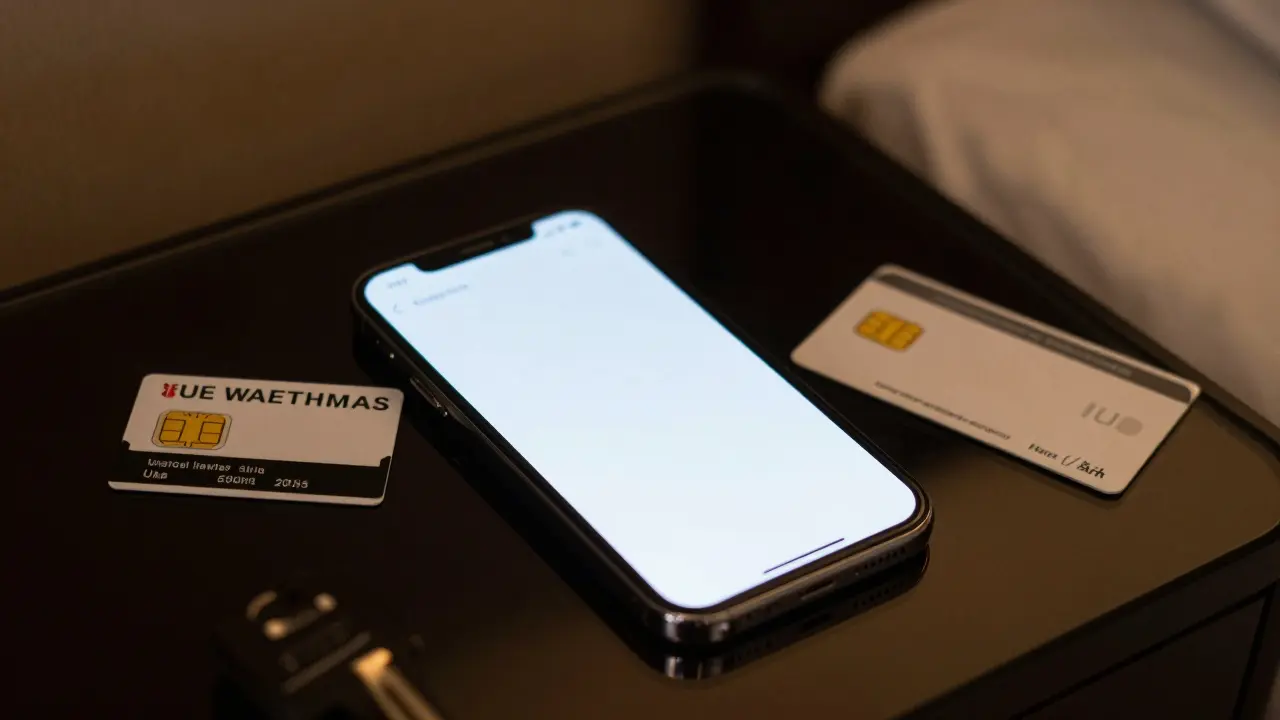 An empty smartphone and a UAE SIM card on a hotel nightstand, illuminated by city lights.