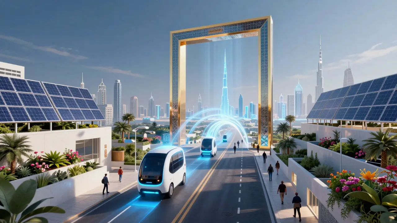 An immersive Future Gallery tunnel showing holographic autonomous vehicles and rooftop farms in futuristic Dubai.