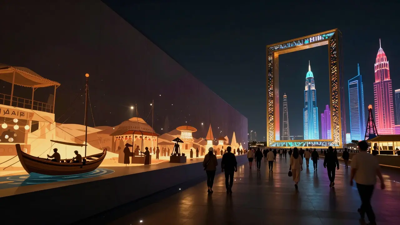 An immersive museum exhibit inside the Dubai Frame showing Dubai’s transformation from desert markets to skyscrapers through light and projection.