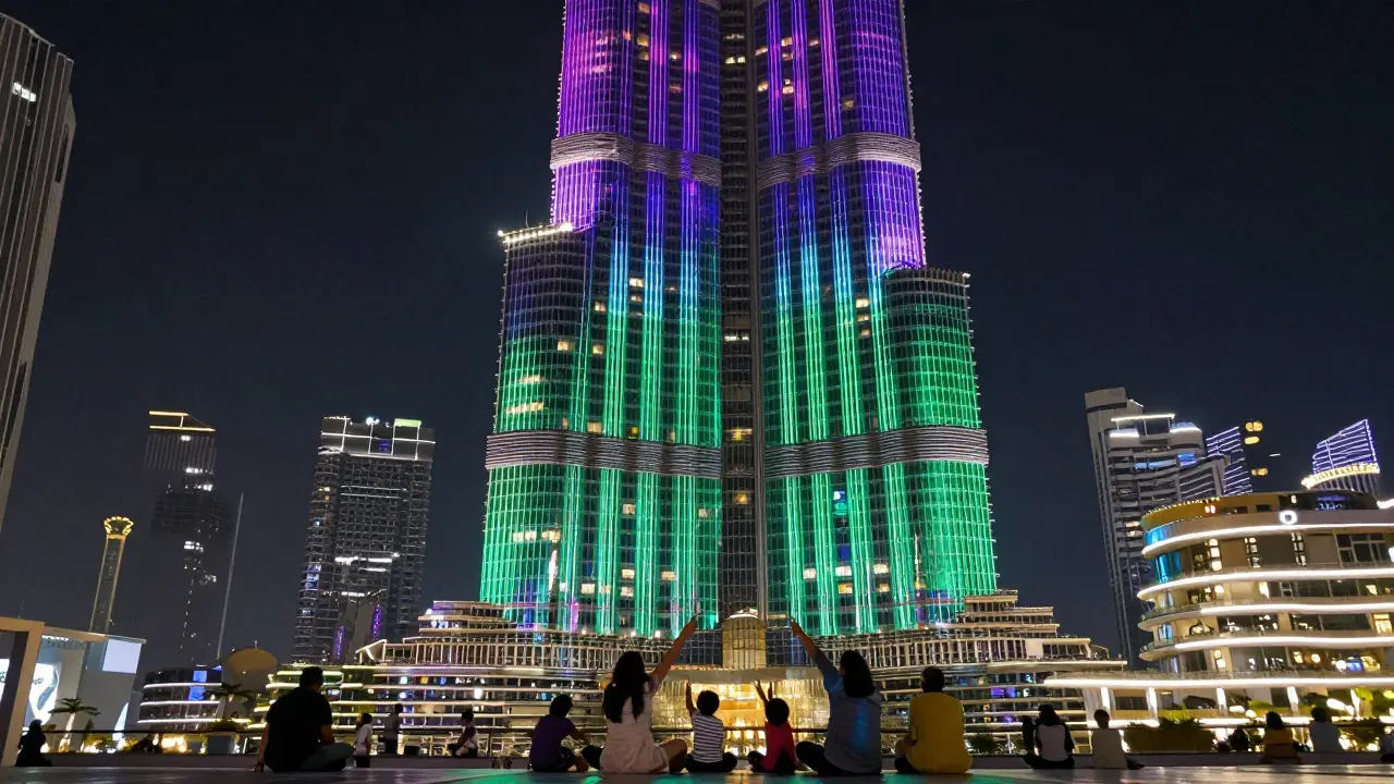 Burj Khalifa glowing with dynamic LED colors at night, viewed from below with people watching silently.