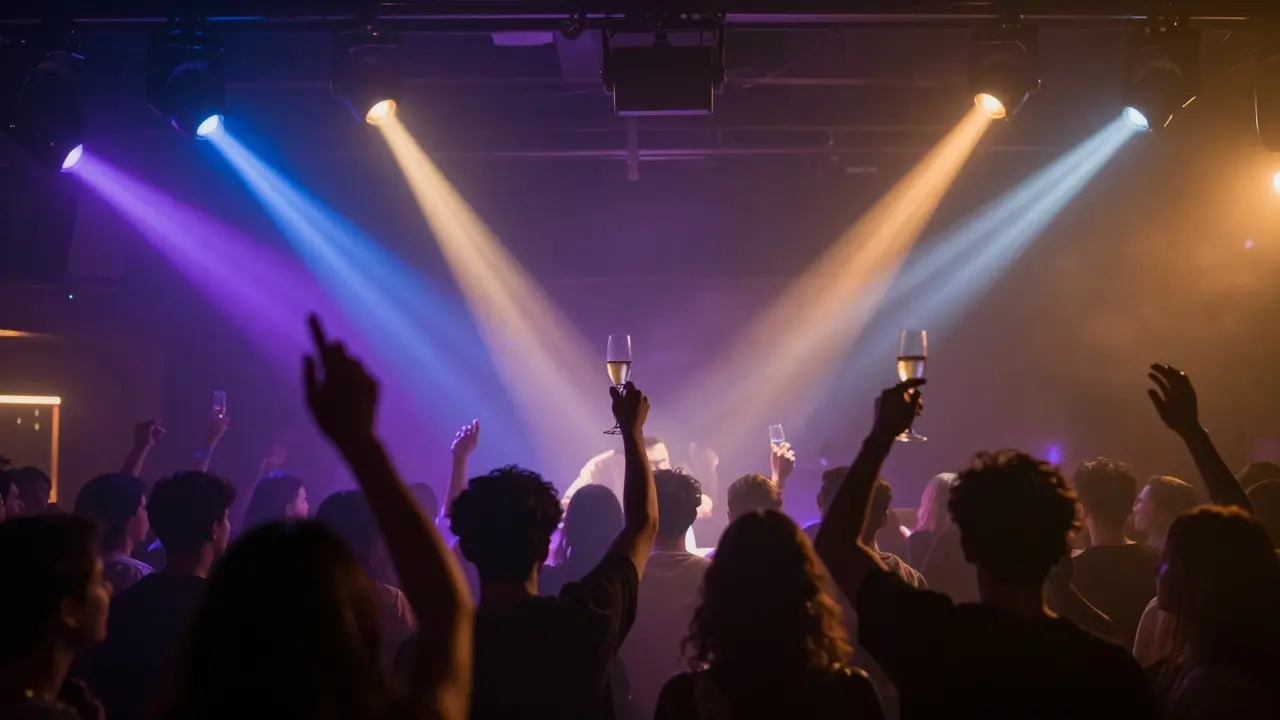 Club stage with colorful lighting beams and cheering crowd in haze.