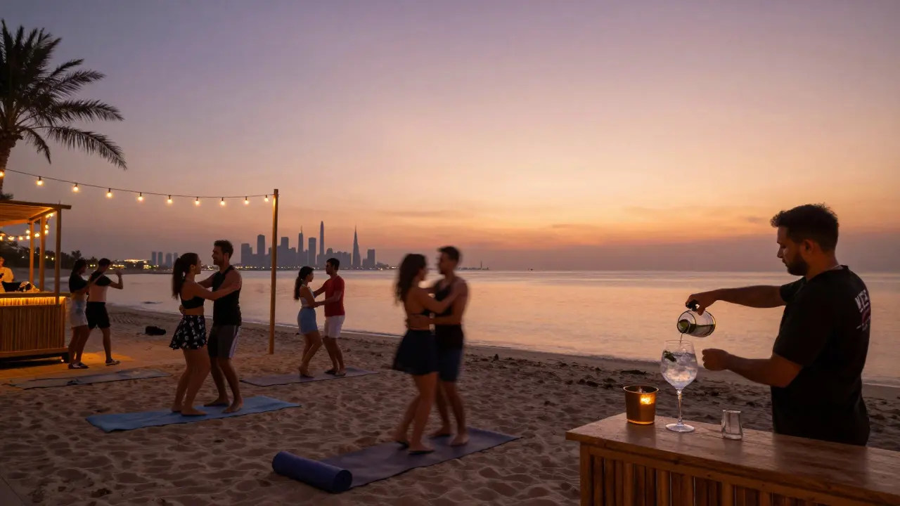 Couples dancing under string lights at sunset by the beach as the sky turns golden, with a bartender pouring drinks nearby.