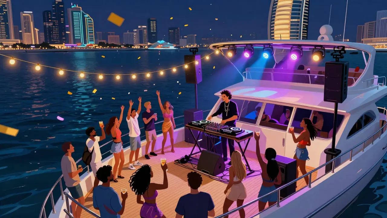 DJ playing on yacht deck with cheering crowd over ocean at night.