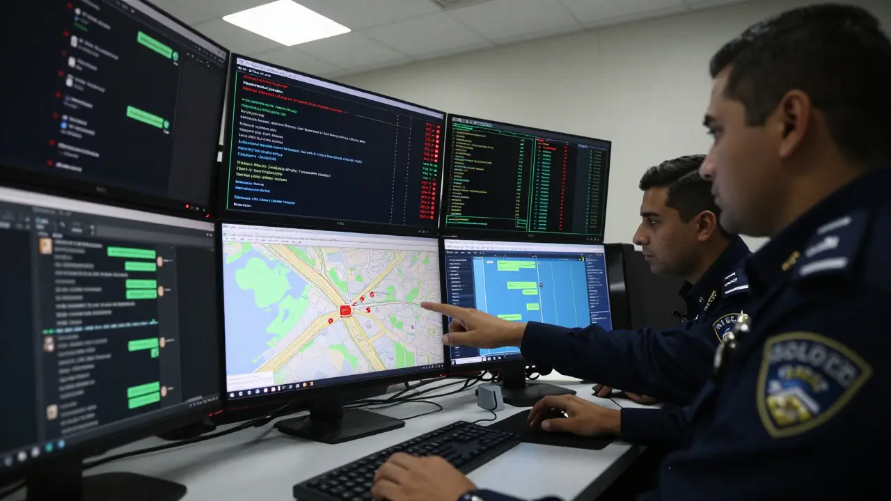 Dubai police cyber unit monitoring online scams with multiple screens displaying data and alerts in a high-tech control room.