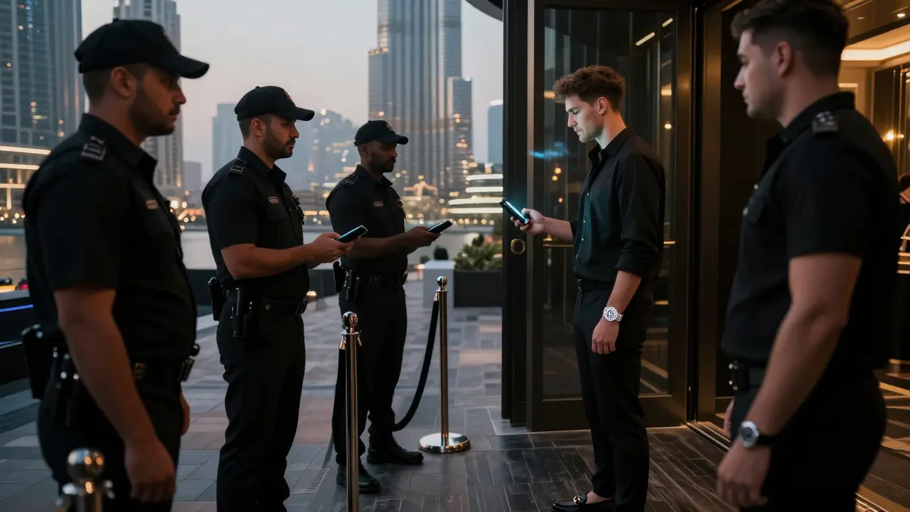 Exclusive entrance to Billionaire Dubai nightclub with bouncers scanning guests under twilight Dubai Marina skyline.