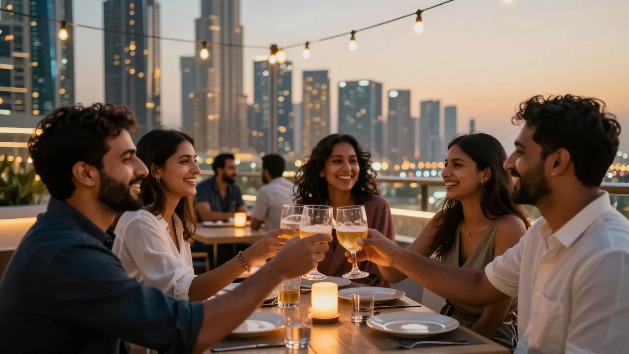 Expats enjoying the night at a rooftop bar in Dubai, laughing under string lights with the city skyline glowing behind them.