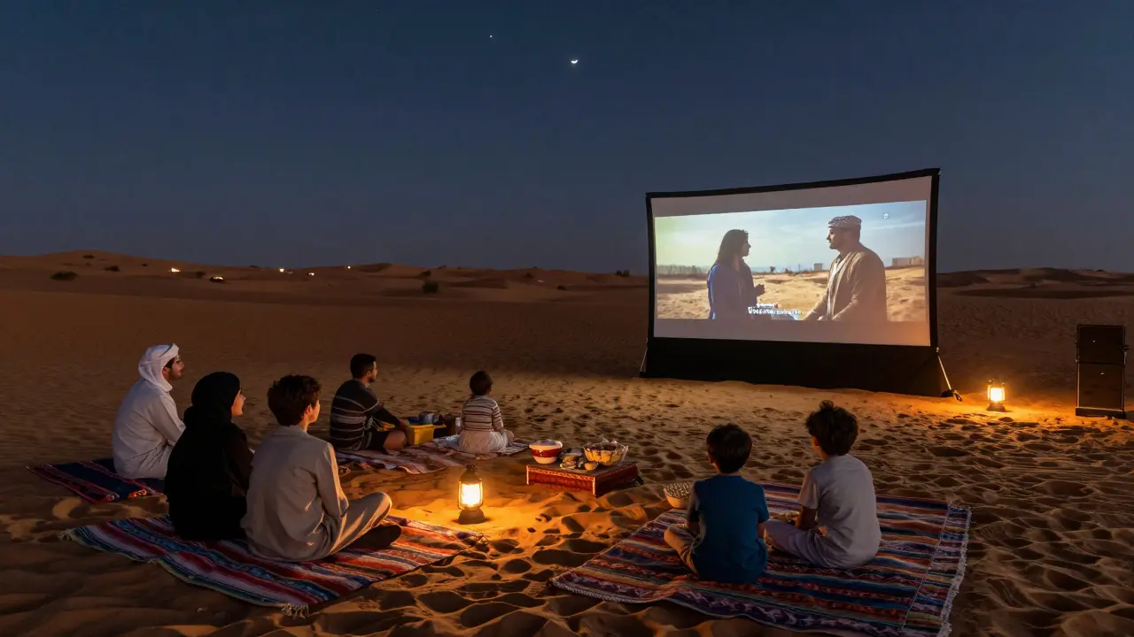 Families enjoying an outdoor movie night under the desert sky at Al Qudra Lakes with lanterns and snacks.