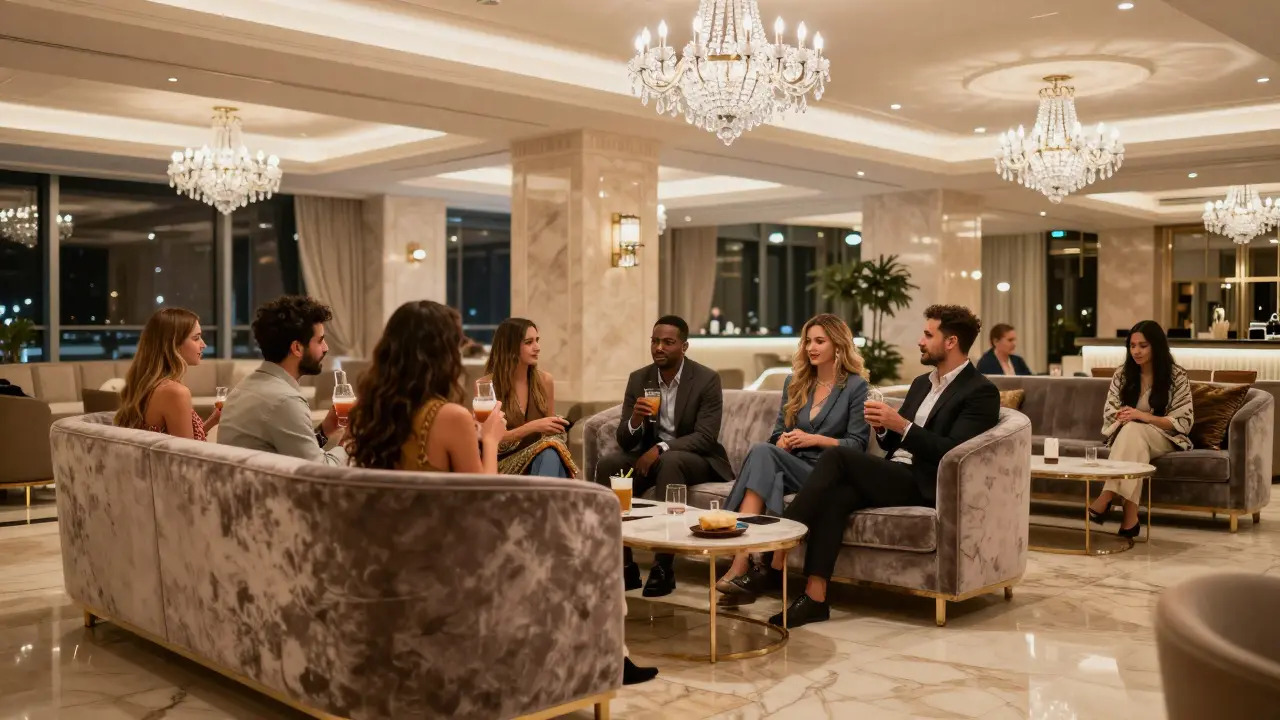 Group of friends chatting quietly in a luxury hotel lounge.