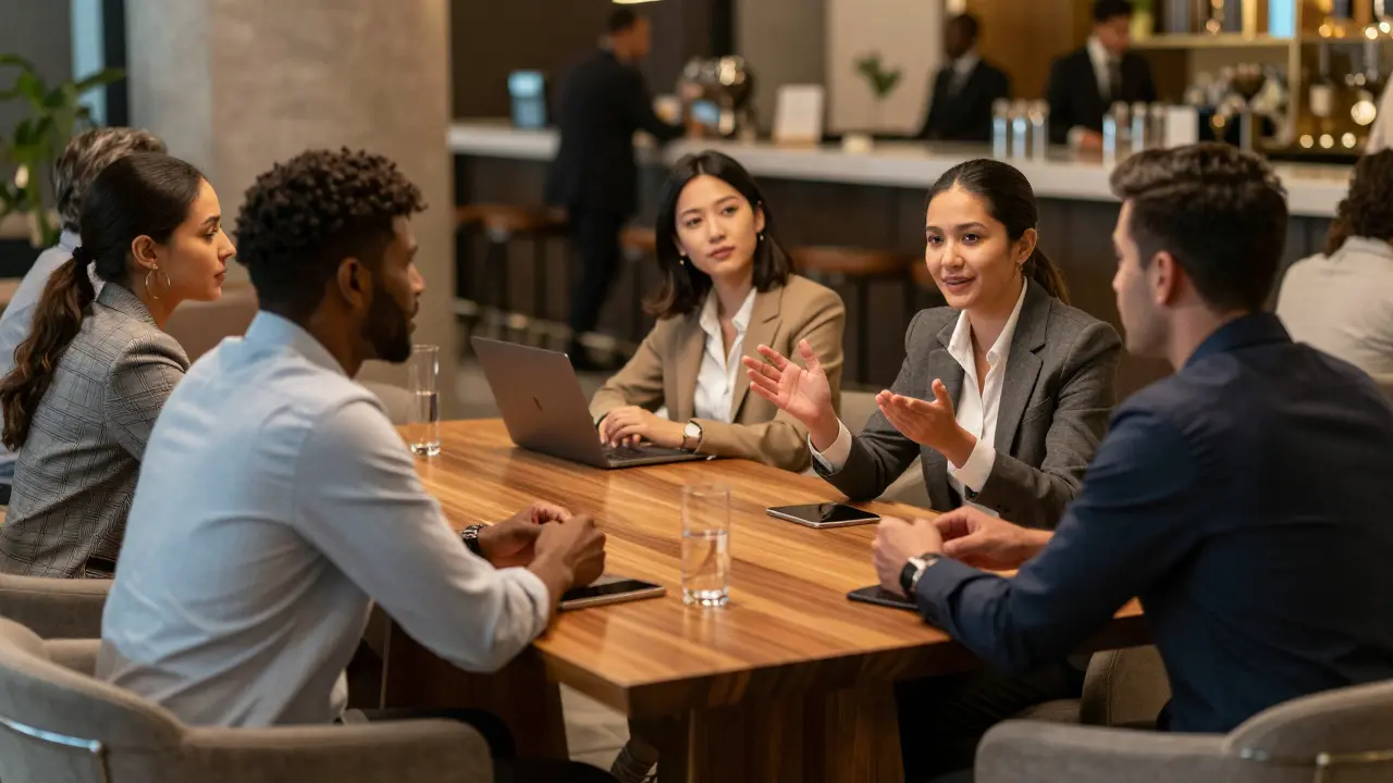 Group of people chatting at a communal table inside a stylish modern lounge bar.